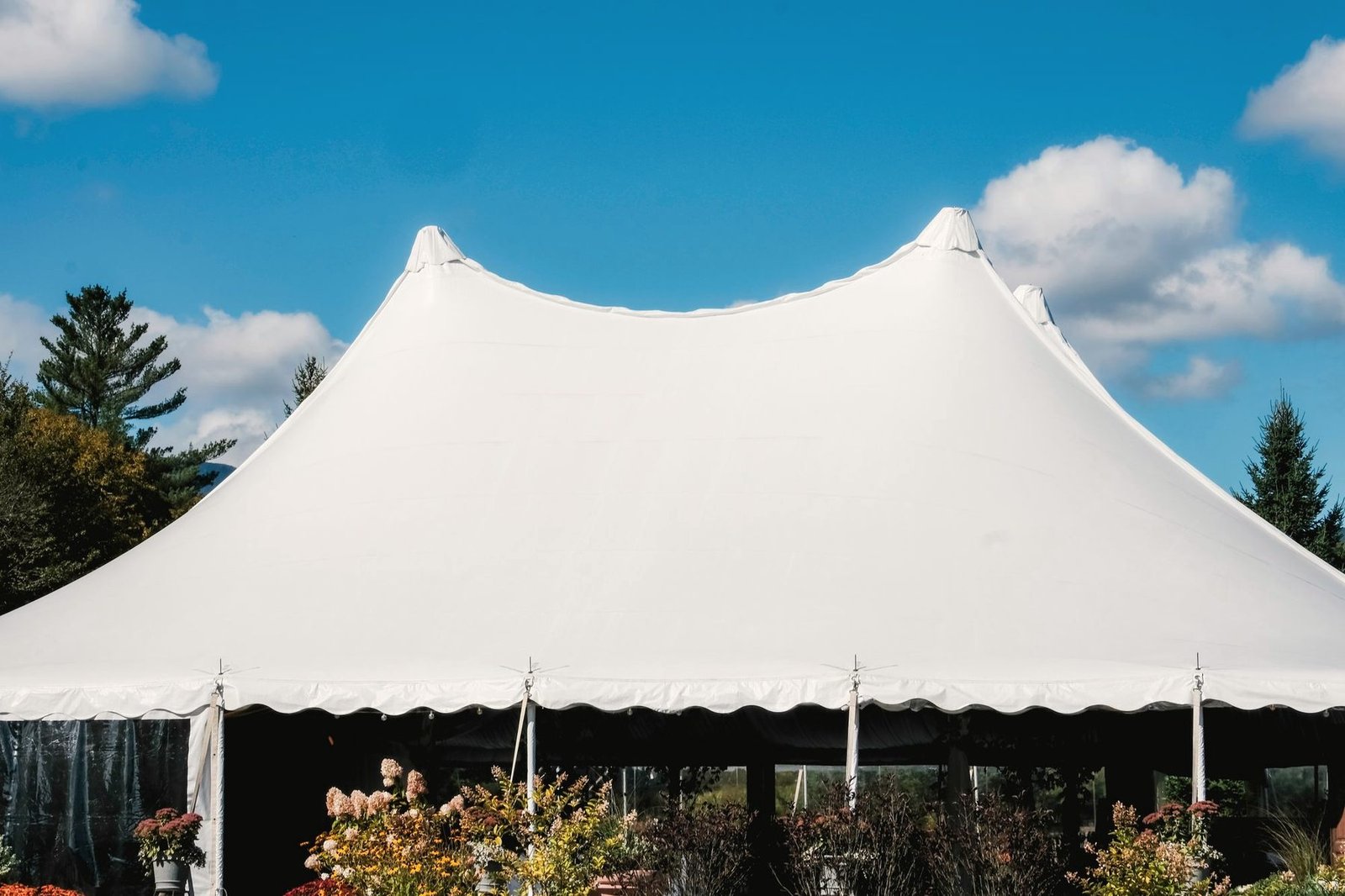 A white pole marquee pitched on a mown lawn under a blue sky.